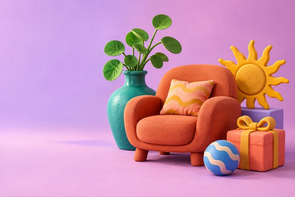 Colorful illustration of a cozy armchair, plant and playful gifts