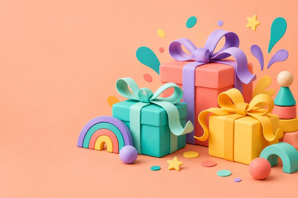 Colorful wrapped gifts with ribbons and playful shapes