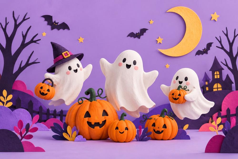 Friendly illustrated ghosts and pumpkins on a purple Halloween backdrop